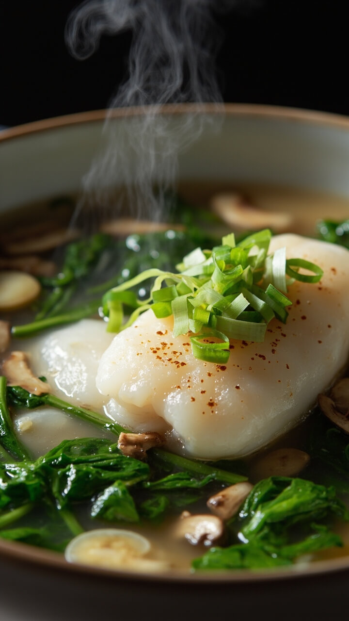 Cod fillets poached gently in a clear broth, with wilted spinach, sliced shiitake mushrooms, and thin coins of ginger floating in a shallow bowl. A scattering of scallions on top for a fresh look. Cod fillets poached gently in a clear broth, with wilted spinach, sliced shiitake mushrooms, and thin coins of ginger floating in a shallow bowl. A scattering of scallions on top for a fresh look.