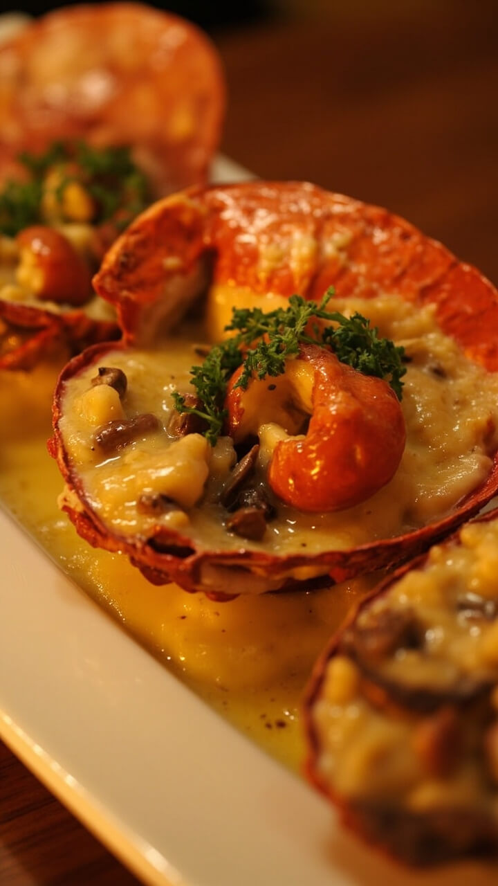 Halved lobster shells filled with a creamy, golden-yellow lobster and mushroom sauce, bubbly and slightly browned, sprinkled with parsley, resting on a white oval platter. Halved lobster shells filled with a creamy, golden-yellow lobster and mushroom sauce, bubbly and slightly browned, sprinkled with parsley, resting on a white oval platter.