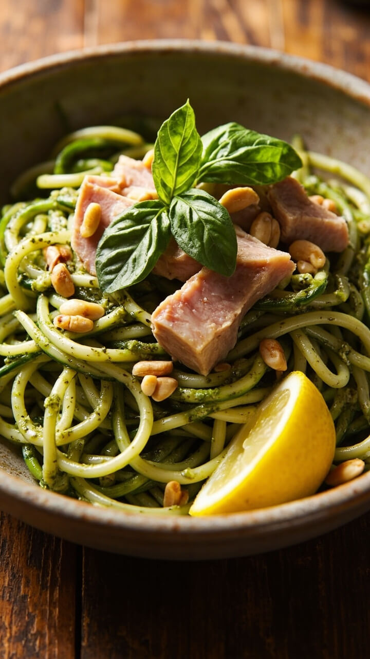 A wide, shallow bowl piled with twirled zucchini noodles, glistening with green pesto, and topped with generous tuna flakes. Toasted pine nuts and basil leaves add color, while a lemon wedge rests to the side.