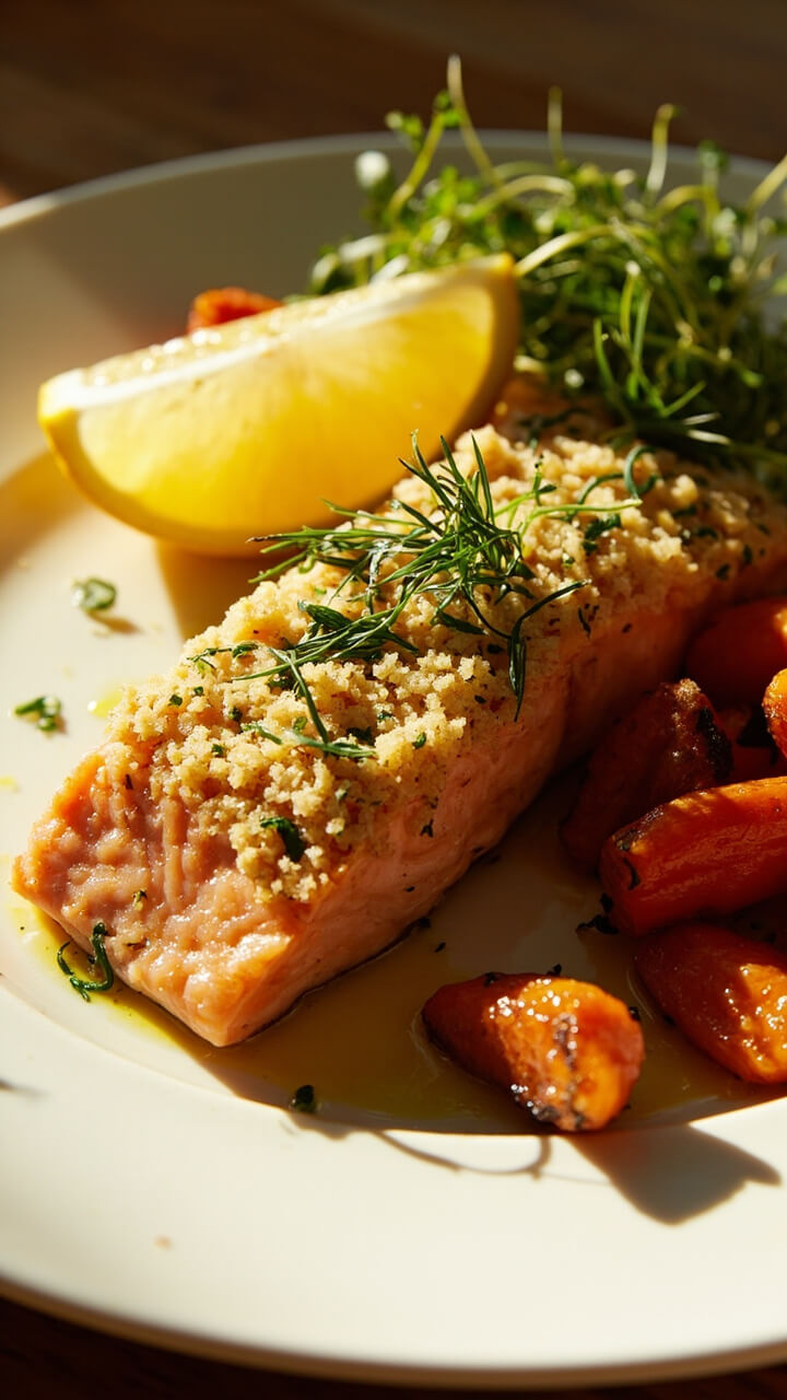 A single salmon fillet crusted with a golden layer of breadcrumbs, chopped parsley, and dill sits on a plate with a wedge of lemon. It’s paired with roasted baby carrots and a scatter of microgreens.