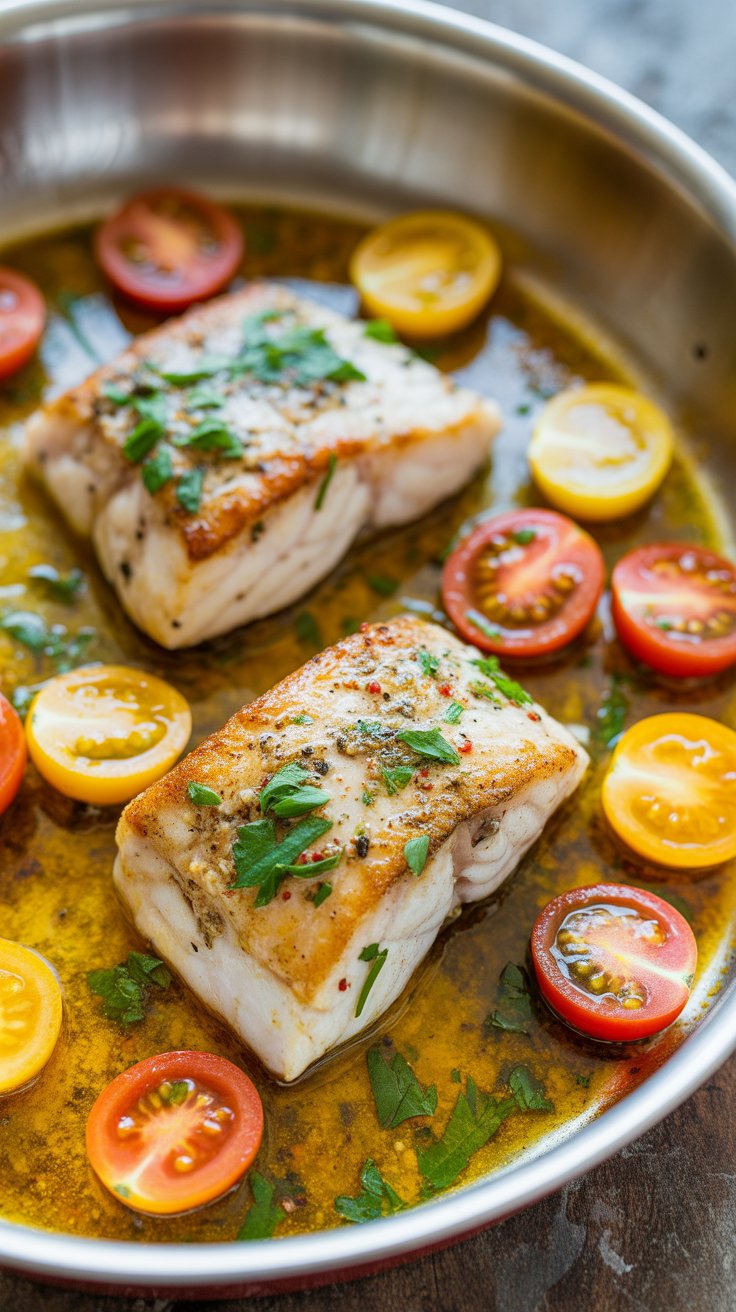 best Pan-Seared Cod in White Wine Tomato Basil Sauce