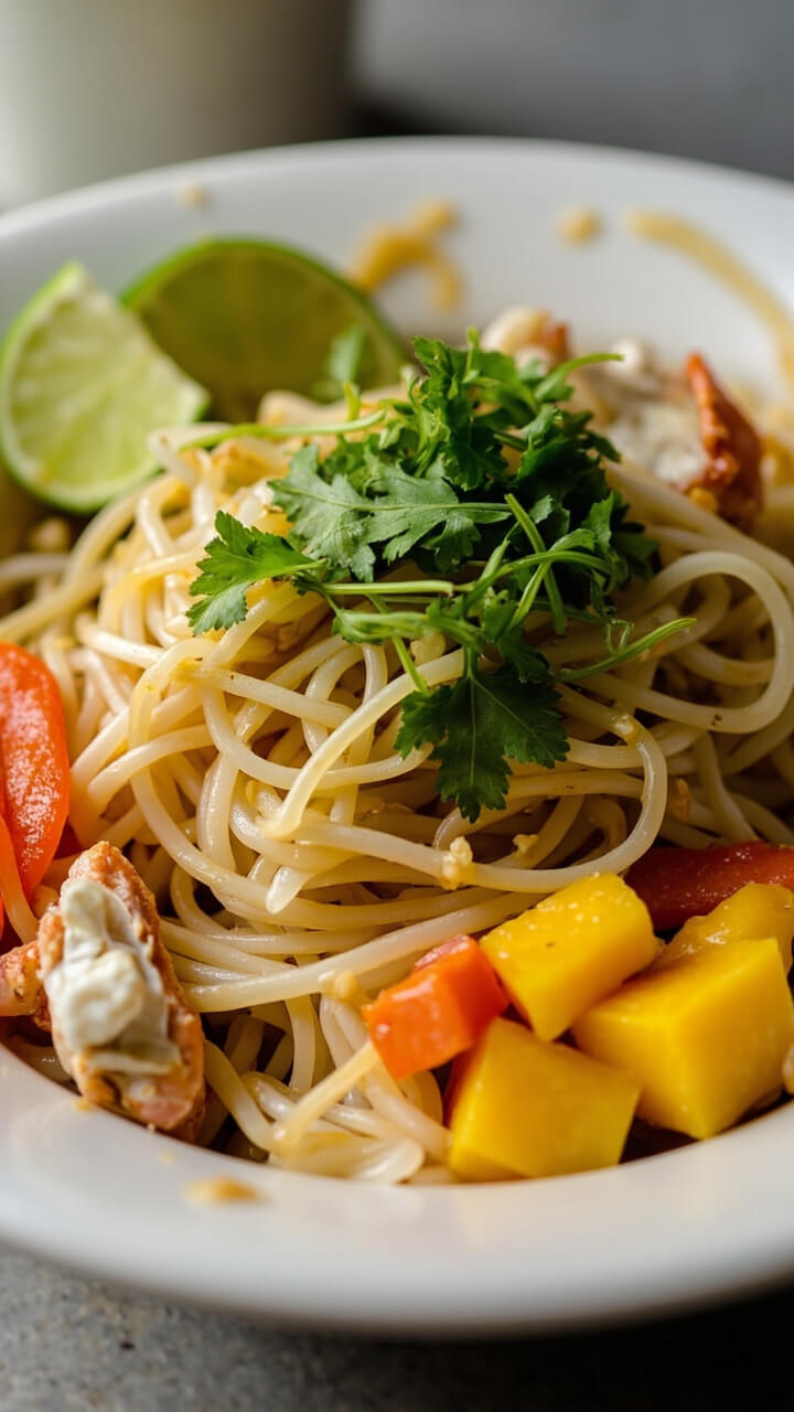 A wide, shallow bowl with a tangle of thin rice noodles, tossed with crab meat, bright yellow mango cubes, chopped red peppers, and cilantro, drizzled with sesame dressing and topped with a lime wedge. A wide, shallow bowl with a tangle of thin rice noodles, tossed with crab meat, bright yellow mango cubes, chopped red peppers, and cilantro, drizzled with sesame dressing and topped with a lime wedge.