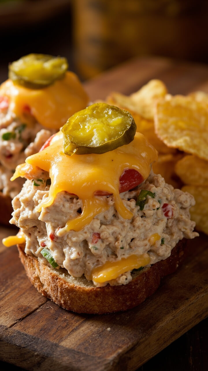 Thick slices of toasted sourdough loaded with creamy tuna salad, topped with bubbling golden cheddar cheese and a few dill pickle chips, served on a rustic wooden board with a few potato chips on the side.