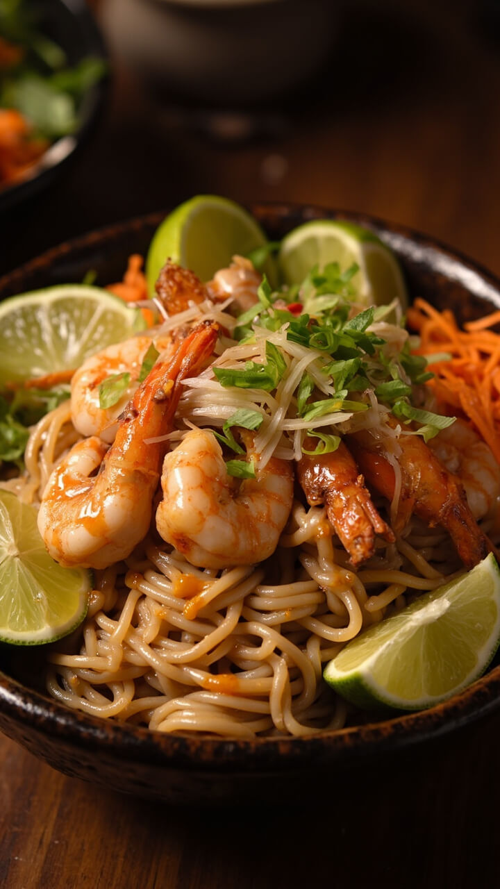 A tangle of rice noodles topped with sautéed shrimp, drizzled in a creamy peanut sauce, finished with sliced scallions and shredded carrots, all displayed in a deep noodle bowl with lime wedges on the side.