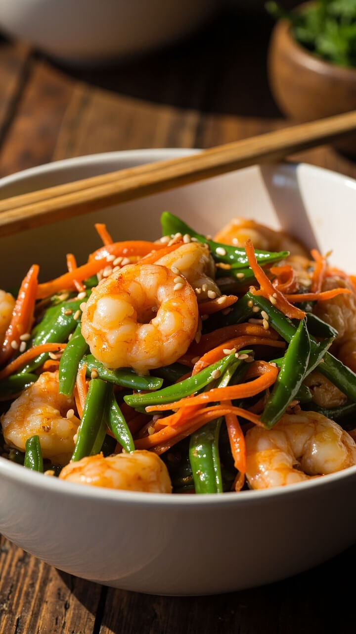 A round white bowl with glossy shrimp tossed with bright green snap peas and thin-cut carrots, all coated in a shiny honey garlic sauce, sprinkled with sesame seeds, with chopsticks resting on the edge.
