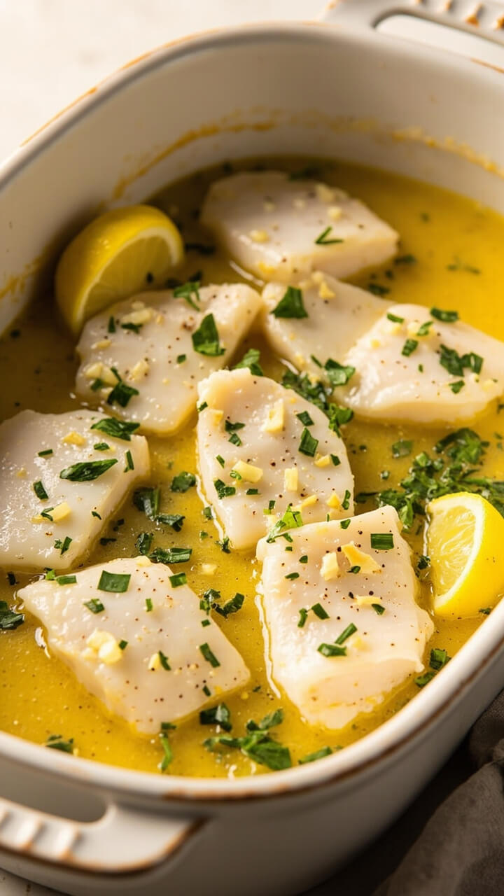 A white casserole dish with cod fillets nestled in a pool of golden melted butter, specks of minced garlic and finely chopped parsley sprinkled on top, buttery juices pooling around each piece, served with lemon wedges on the side.