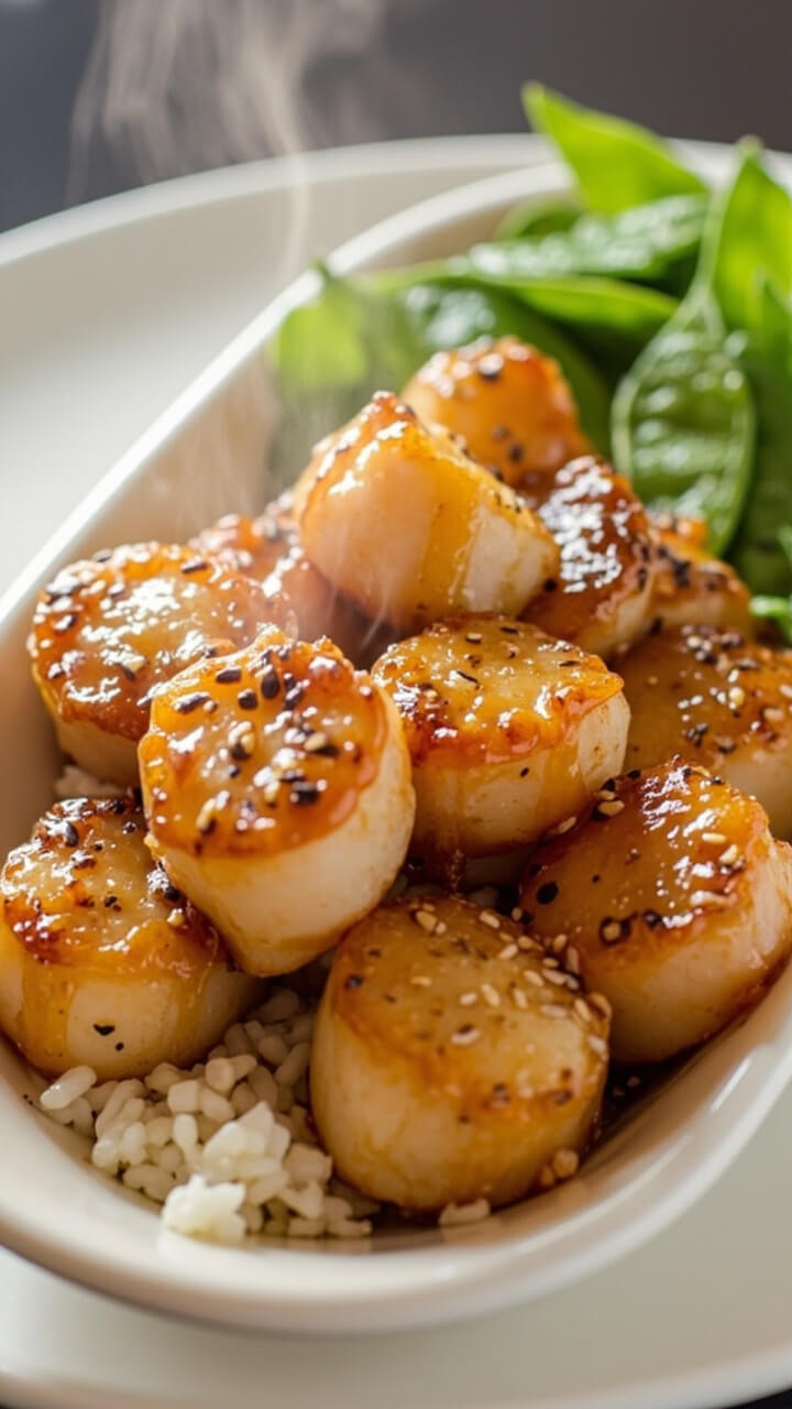 A wide shallow dish with glossy honey-garlic glazed scallops, a sesame seed sprinkle, and sautéed snap peas on the side over a scoop of white rice.