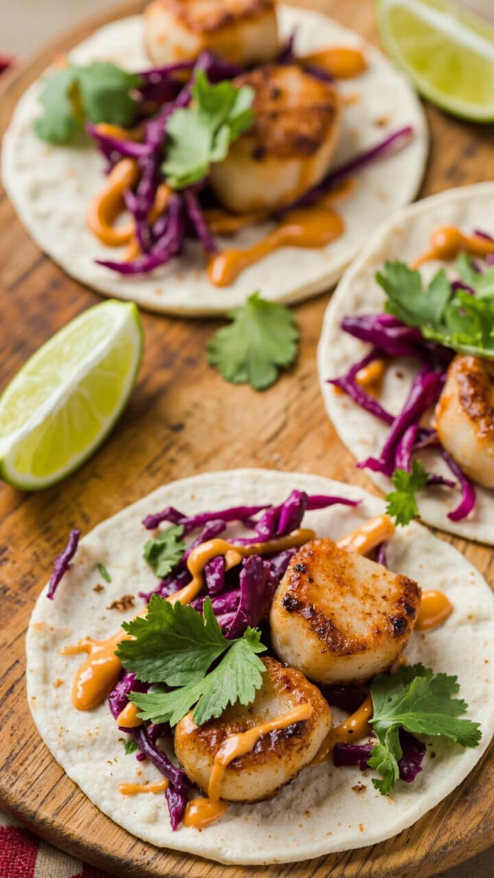 Three small flour tortillas filled with pan-seared scallops, purple cabbage slaw, drizzle of chipotle mayo, and fresh cilantro. Everything sits on a rustic wooden board with lime wedges.