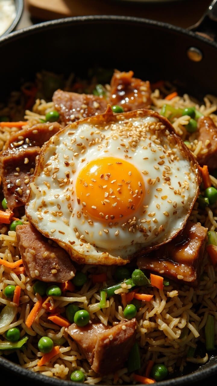 A large nonstick skillet shows golden, slightly crisp rice mixed with flecks of green peas, carrot dice, scallions, and visible tuna chunks. Everything glistens from soy sauce, with a fried egg perched on top and a sprinkle of sesame seeds added.