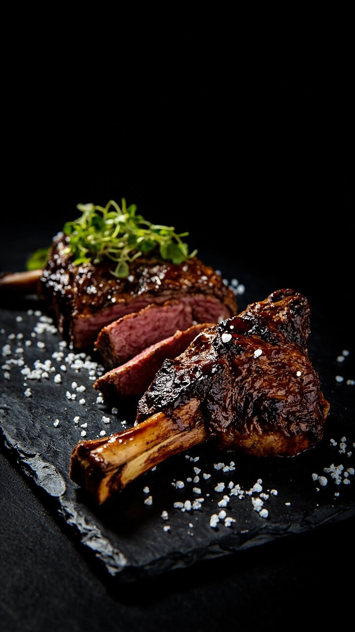 A thick tomahawk or bone-in ribeye, deeply browned with a spiced coffee crust, sliced and arrayed on a black slate board, sprinkled with coarse salt and microgreens.