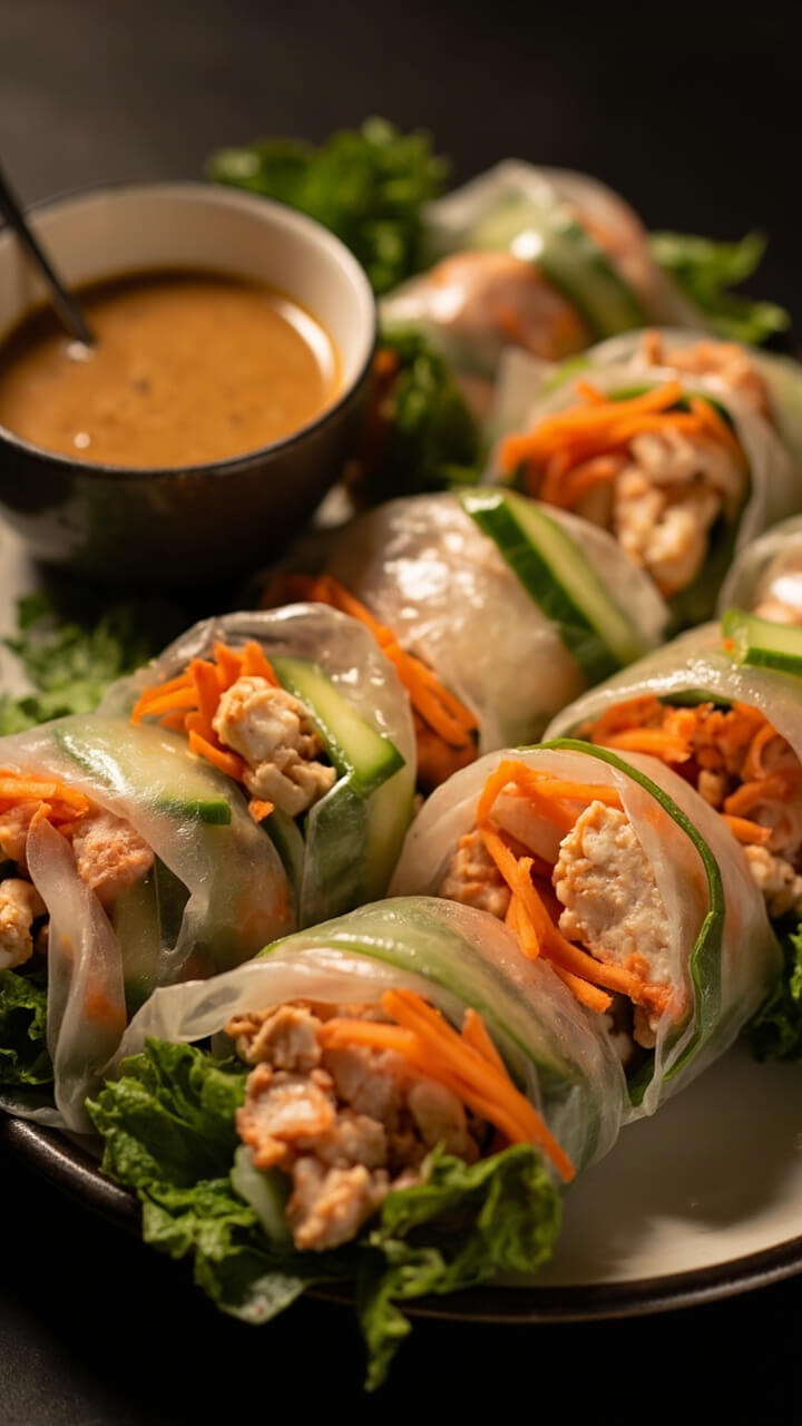 Translucent rice paper rolls, tightly packed with crab, julienned carrots, cucumber, and mint, lined up on a platter with a small bowl of peanut dipping sauce. Translucent rice paper rolls, tightly packed with crab, julienned carrots, cucumber, and mint, lined up on a platter with a small bowl of peanut dipping sauce.