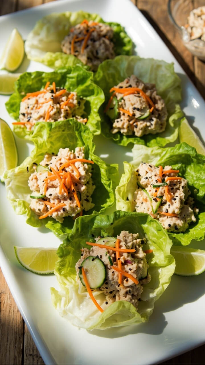 Six crisp romaine leaves spread on a white platter, each leaf filled with a creamy salad of tuna, diced cucumber, and carrot ribbons. A sprinkle of sesame seeds adds texture. Lime wedges sit on the side.
