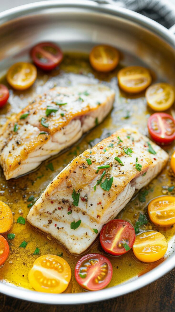 easy Pan-Seared Cod in White Wine Tomato Basil Sauce