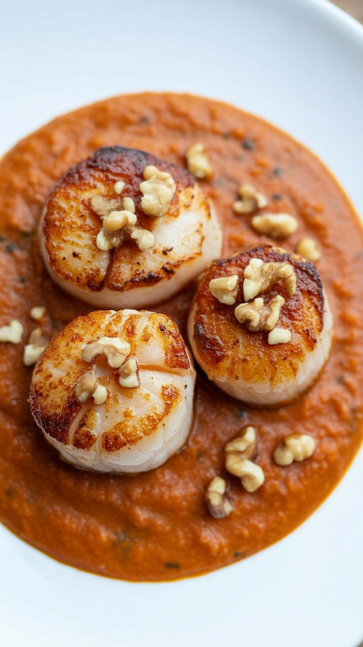 easy Pan Seared Scallops with Roasted Red Pepper Sauce