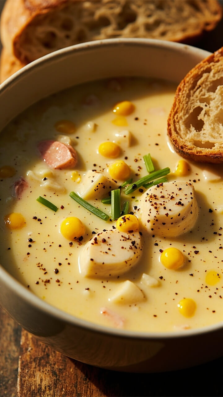 A deep bowl of creamy chowder, pale yellow with visible pieces of corn, potato, and crab, garnished with chopped chives and cracked black pepper, with a rustic bread slice on the side. A deep bowl of creamy chowder, pale yellow with visible pieces of corn, potato, and crab, garnished with chopped chives and cracked black pepper, with a rustic bread slice on the side.