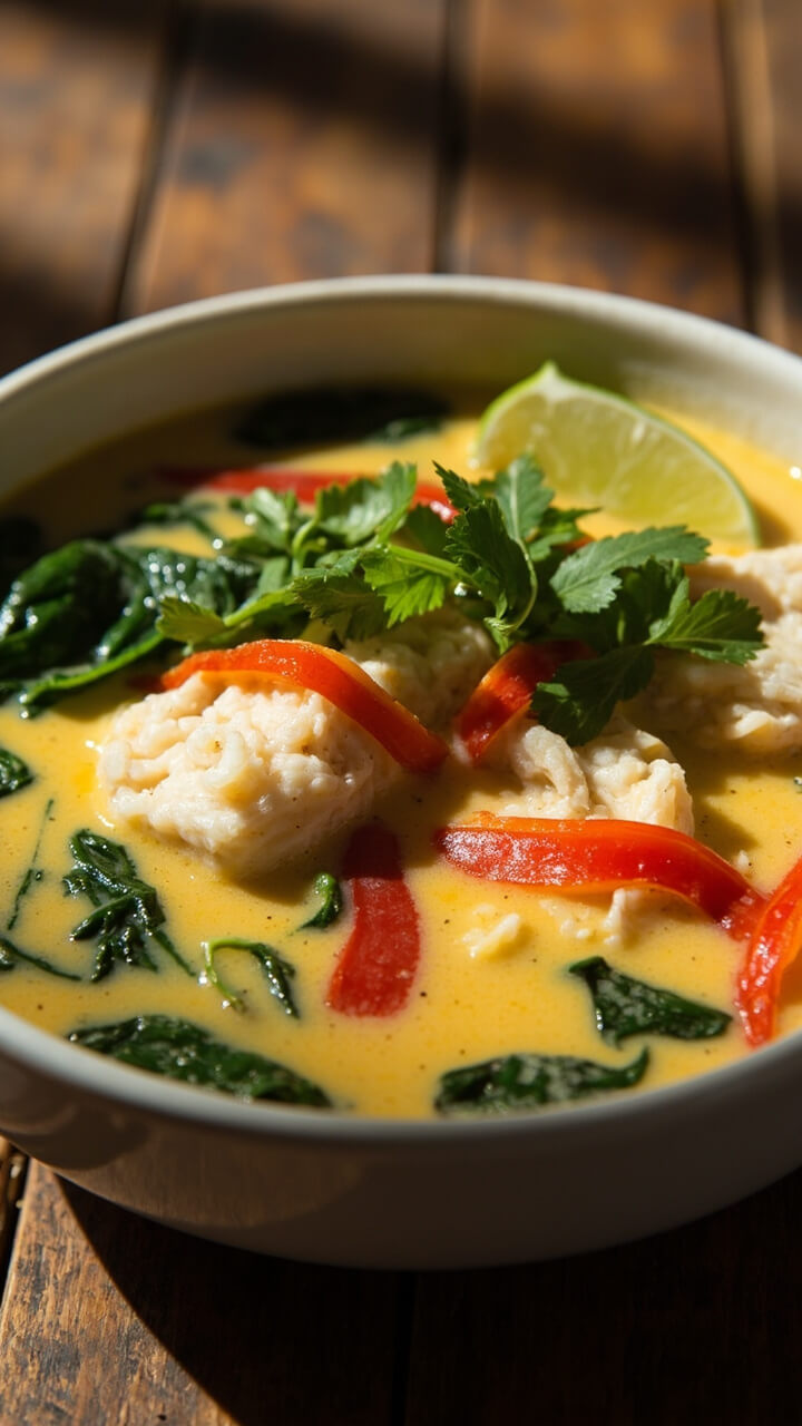 A creamy, pale yellow coconut curry broth with cod fillets, red bell pepper strips, and baby spinach, served in a deep white bowl, sprinkled with fresh cilantro and lime wedges on the side. A creamy, pale yellow coconut curry broth with cod fillets, red bell pepper strips, and baby spinach, served in a deep white bowl, sprinkled with fresh cilantro and lime wedges on the side.