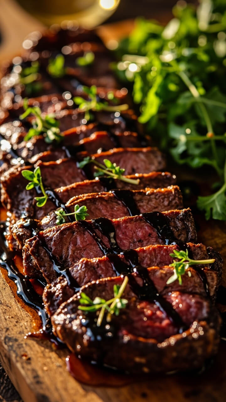 Grilled flat iron steak, cut into strips and fanned on a wooden board, drizzled with a dark balsamic glaze and garnished with fresh thyme, with a handful of arugula on the side.