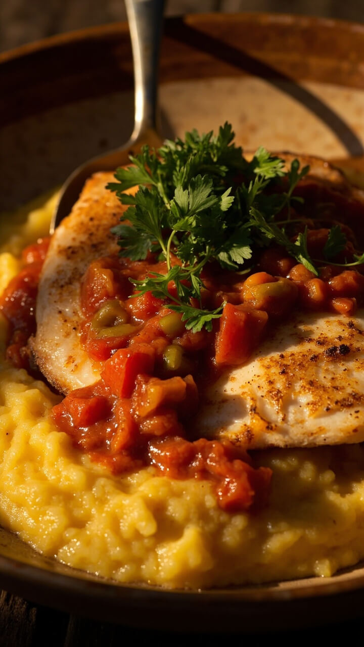 A shallow bowl filled with creamy yellow grits, topped with a pan-seared catfish fillet and spoonfuls of chunky, red Creole sauce, garnished with chopped parsley.