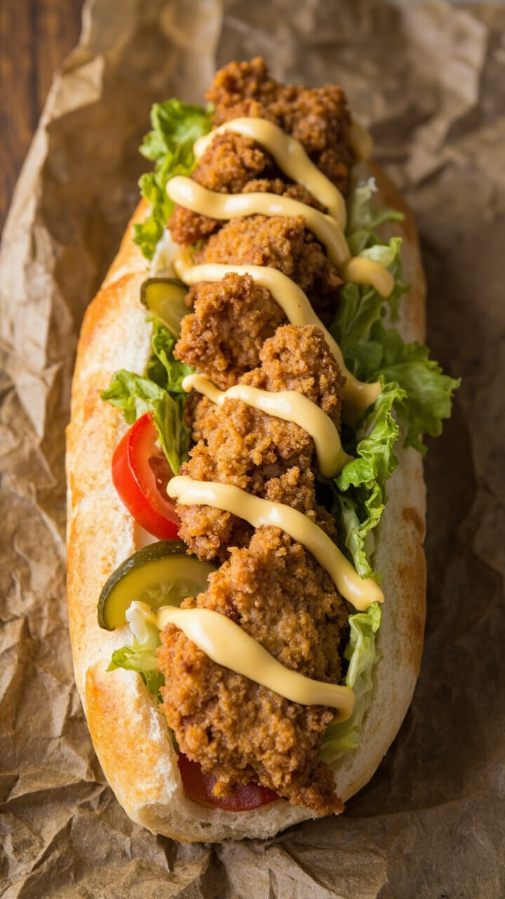 A long sandwich roll filled with fried catfish strips, shredded lettuce, tomato slices, pickles, and a drizzle of creamy remoulade, all on parchment paper.