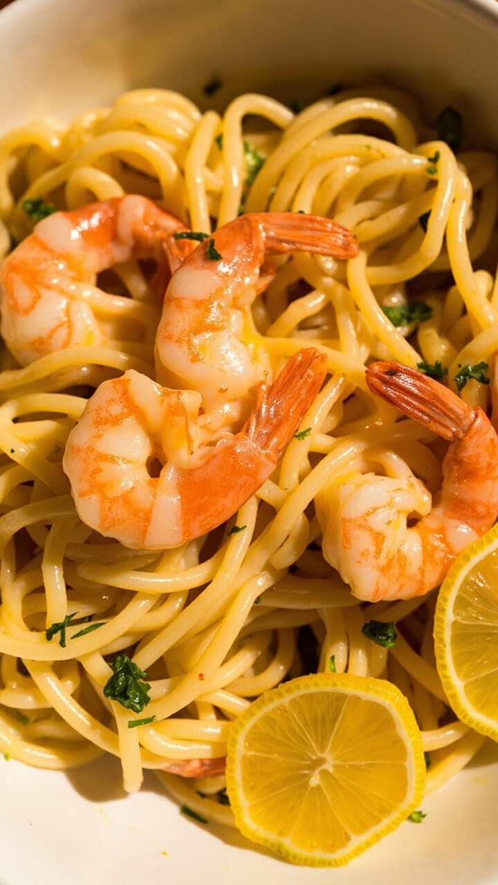A shallow white pasta bowl with long strands of linguine twirled with glossy shrimp, flecks of parsley, and a light garlic butter sauce, decorated with lemon slices.