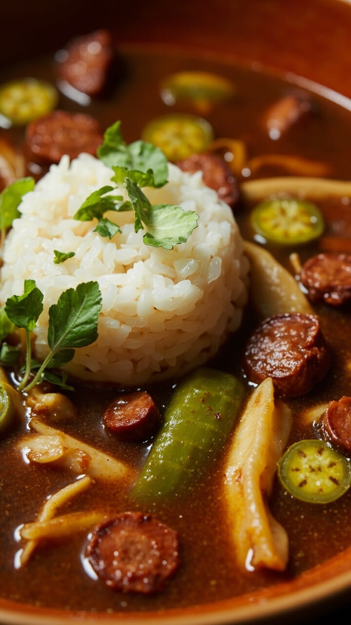 A rich, brown soup in a wide bowl, dotted with chunks of catfish, slices of sausage, rounds of okra, and served with a mound of white rice at the center.
