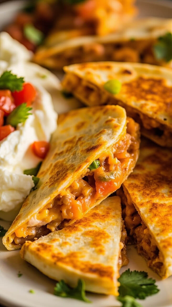 Golden, crisp quesadillas cut into triangles, revealing a filling of melty cheddar and chunks of tuna. Salsa and sour cream are served alongside for dipping, and fresh cilantro leaves garnish the plate.
