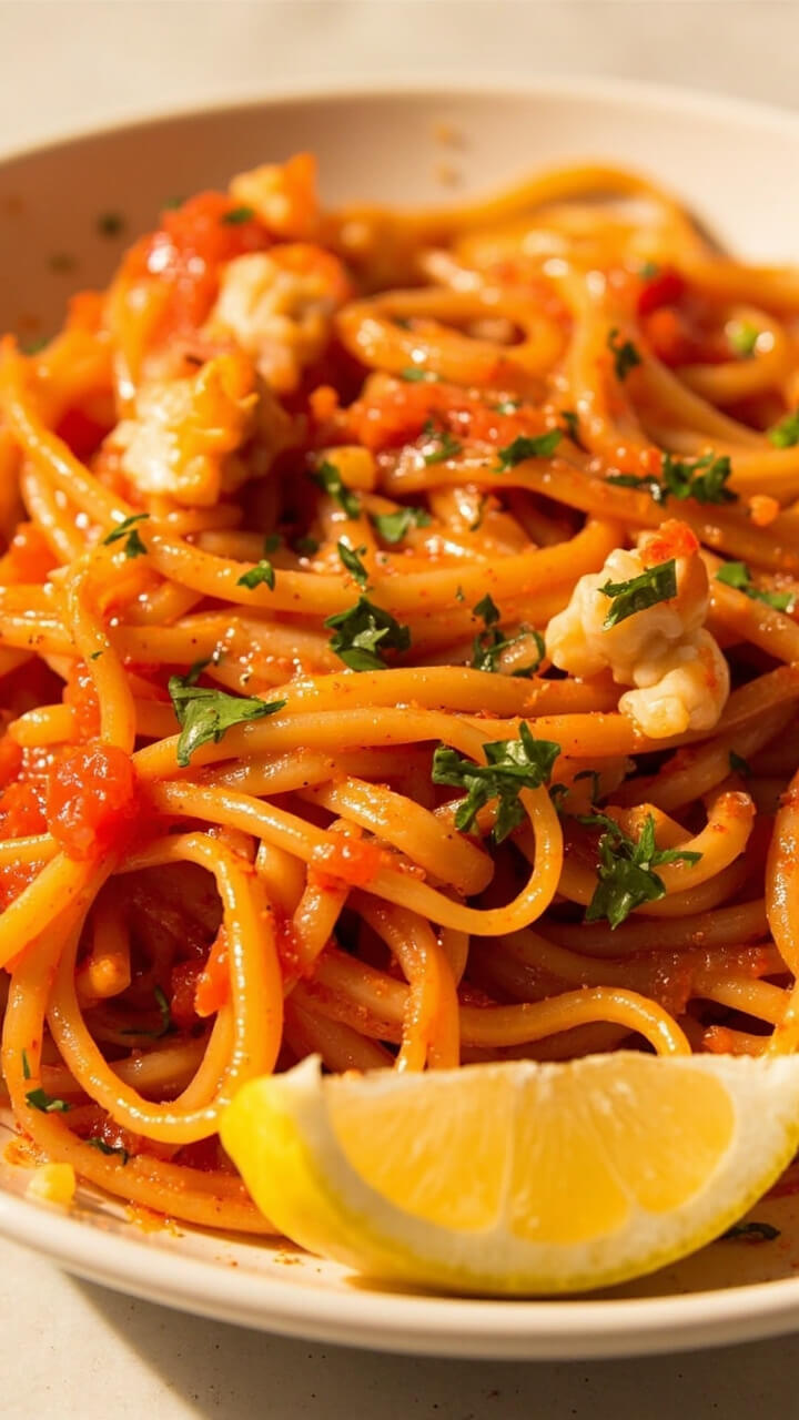 A wide white pasta bowl piled with linguine coated in a bright red spicy tomato-crab sauce, with crab chunks visible, specks of parsley, and a lemon wedge on the side. A wide white pasta bowl piled with linguine coated in a bright red spicy tomato-crab sauce, with crab chunks visible, specks of parsley, and a lemon wedge on the side.