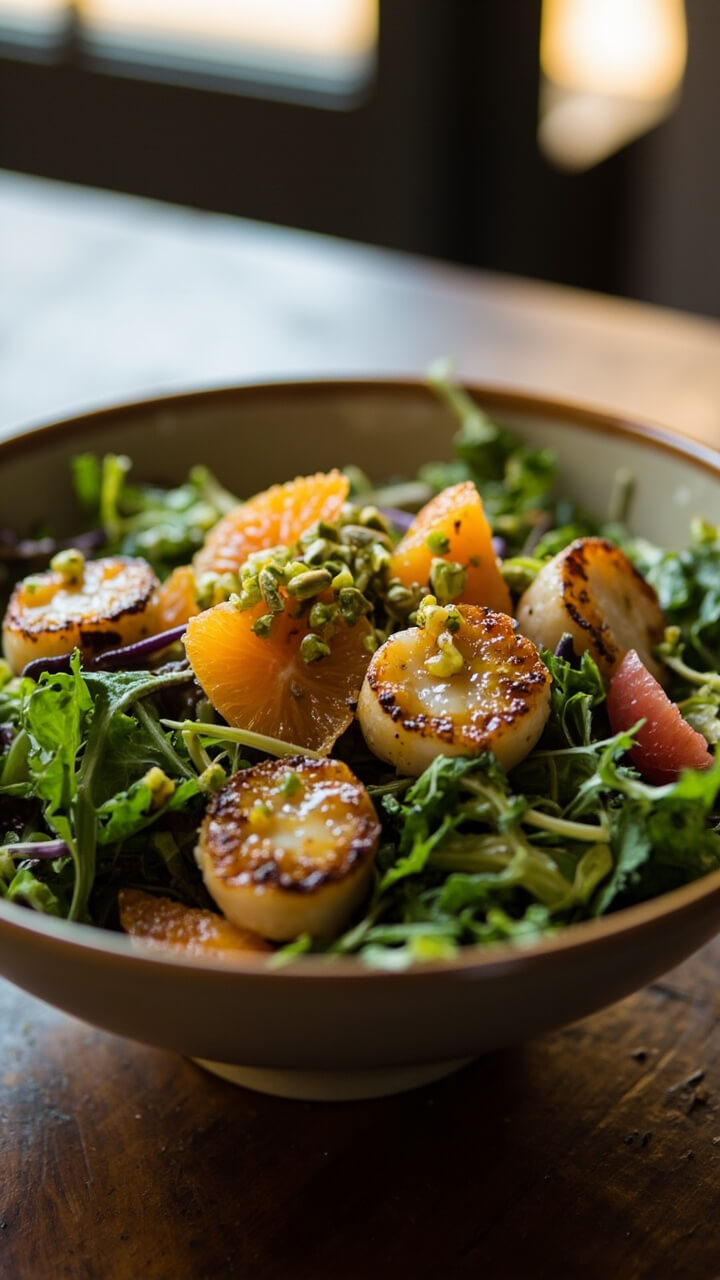 A shallow salad bowl filled with mixed greens, seared scallops, segments of orange and grapefruit, a sprinkle of pistachios, and a citrus vinaigrette.