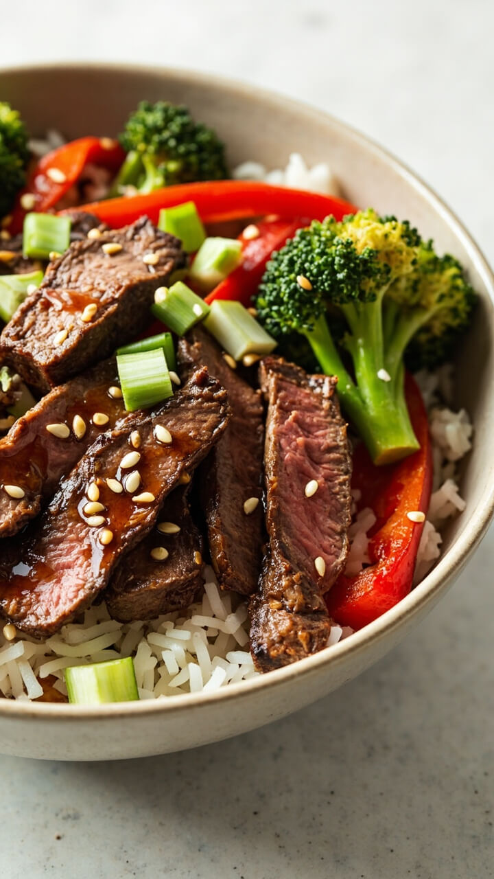 Thinly sliced skirt steak in glossy teriyaki sauce, tossed with broccoli florets, red bell peppers, and scallions, served over steamed white rice in a shallow bowl with sesame seeds on top.