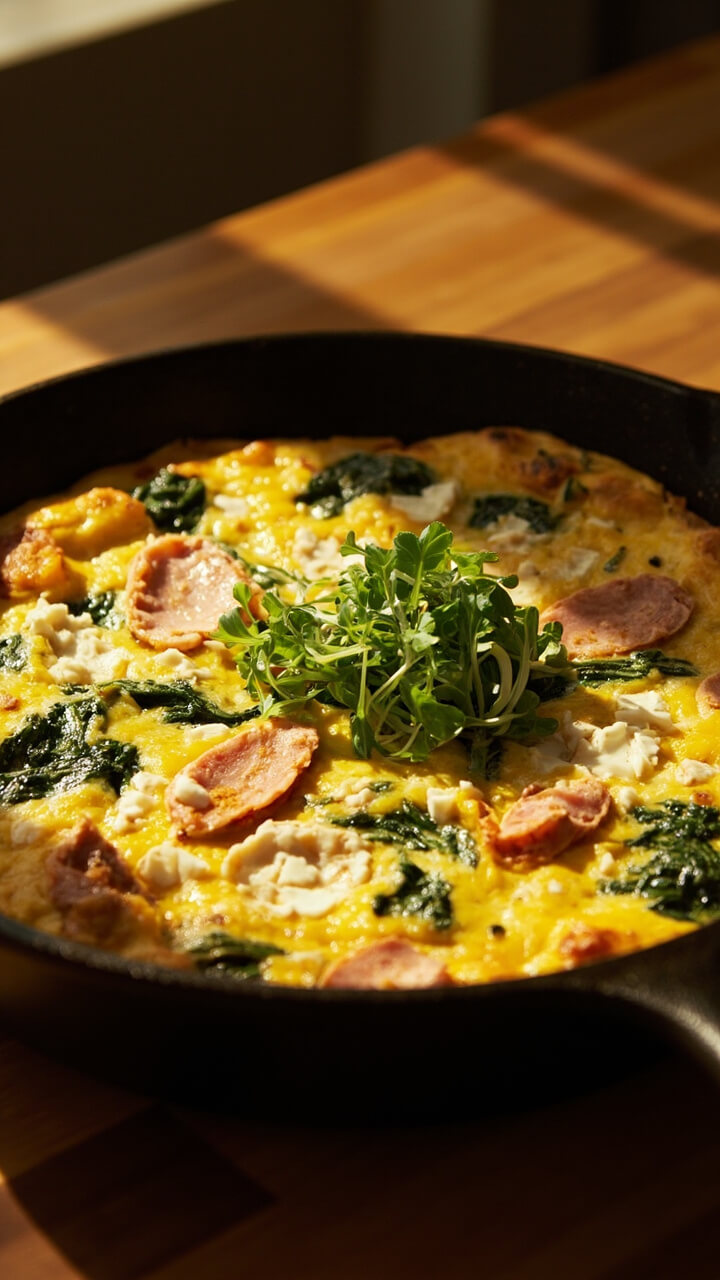 A round golden frittata baked in a cast-iron skillet, filled with visible bits of crab, wilted spinach, and flecks of feta, sliced into wedges, with a handful of microgreens on the side. A round golden frittata baked in a cast-iron skillet, filled with visible bits of crab, wilted spinach, and flecks of feta, sliced into wedges, with a handful of microgreens on the side.