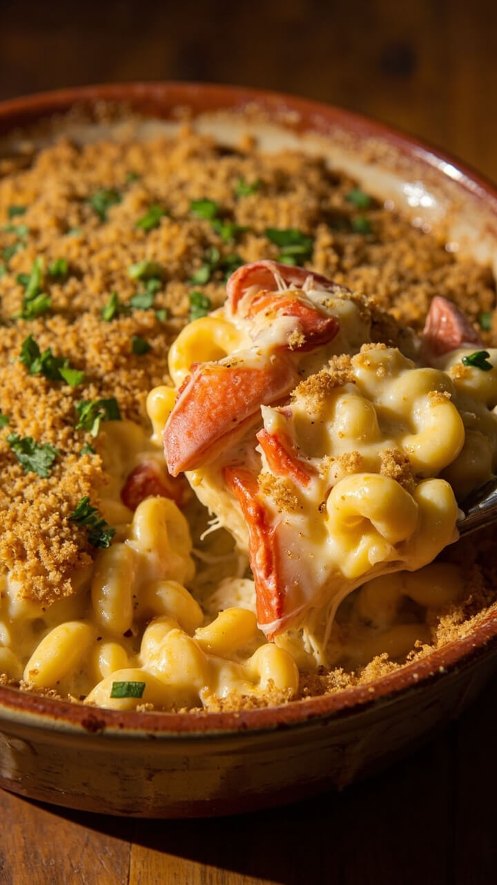 A rustic ceramic baking dish bubbling with golden, cheesy macaroni and visible pink lobster knuckles, sprinkled with toasted breadcrumbs and chopped parsley. A rustic ceramic baking dish bubbling with golden, cheesy macaroni and visible pink lobster knuckles, sprinkled with toasted breadcrumbs and chopped parsley.