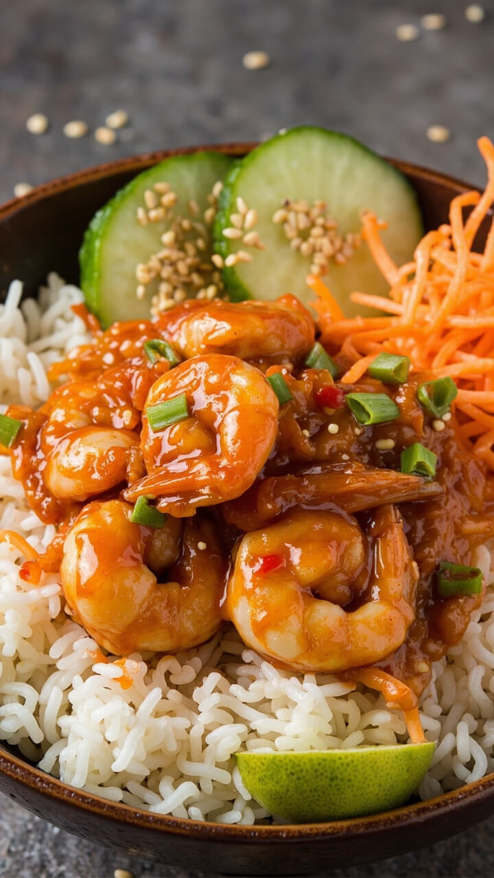 A wide bowl filled with white sticky rice, topped with glossy honey garlic shrimp, shredded carrots, sliced cucumber, and a sprinkle of sesame seeds. A wedge of lime and a drizzle of extra sauce on top. A wide bowl filled with white sticky rice, topped with glossy honey garlic shrimp, shredded carrots, sliced cucumber, and a sprinkle of sesame seeds. A wedge of lime and a drizzle of extra sauce on top.