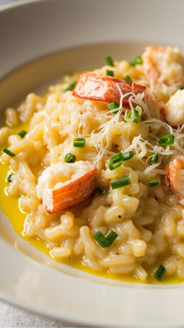 A wide, shallow bowl of creamy arborio rice, studded with pink lobster pieces and finished with finely grated parmesan and chopped chives. A drizzle of olive oil glistens on top. A wide, shallow bowl of creamy arborio rice, studded with pink lobster pieces and finished with finely grated parmesan and chopped chives. A drizzle of olive oil glistens on top.
