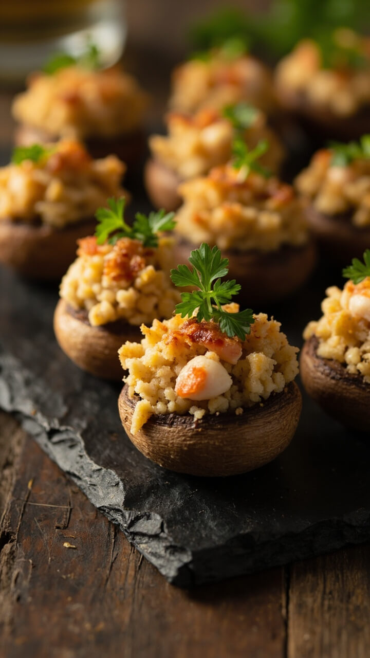 Button mushroom caps stuffed with a golden breadcrumb-lobster mixture, garnished with fresh parsley, arranged neatly on a slate appetizer platter. Button mushroom caps stuffed with a golden breadcrumb-lobster mixture, garnished with fresh parsley, arranged neatly on a slate appetizer platter.
