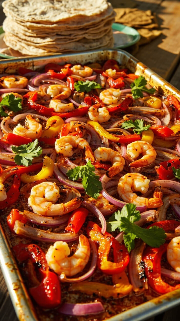 A sheet pan covered with colorful roasted bell pepper strips, red onions, and plump shrimp, garnished with fresh cilantro, served family-style with flour tortillas off to the side.