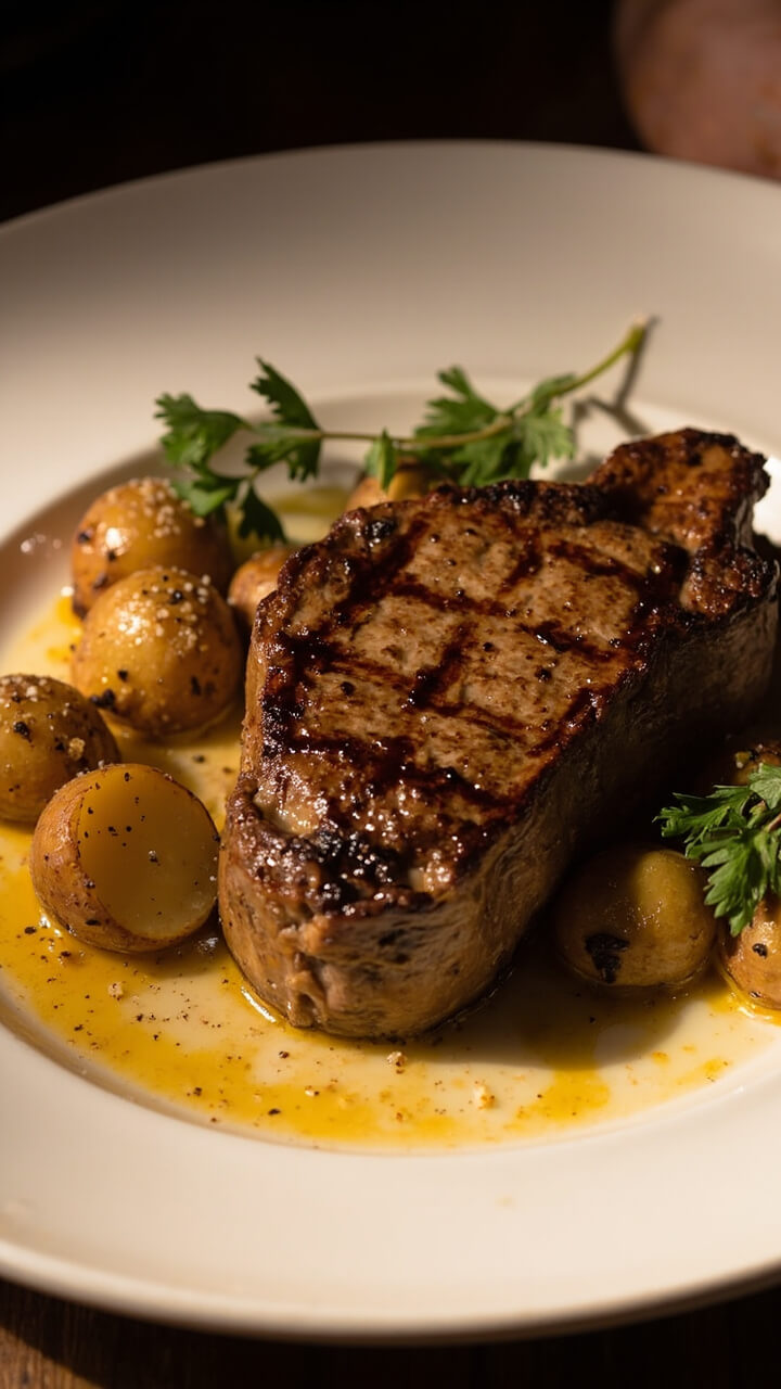 A large, bone-in T-bone steak on a white dinner plate, glistening with melted garlic butter, surrounded by roasted baby potatoes and sprigs of parsley.