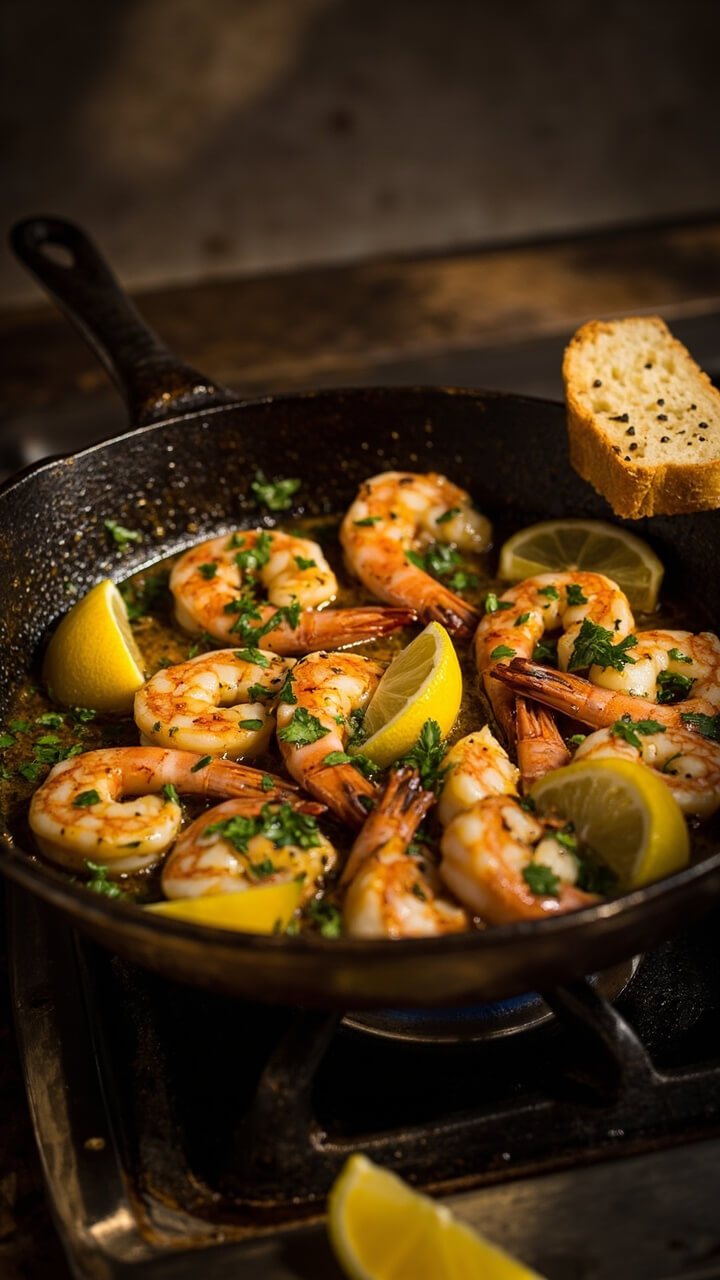 A rustic cast iron skillet filled with golden sautéed shrimp glistening in garlic butter, scattered with chopped parsley and wedges of lemon, served right on the stovetop with a chunk of crusty bread on the side and a light sprinkle of black pepper.