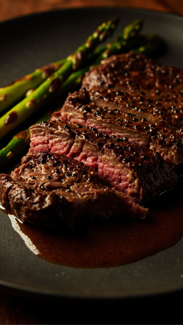 A thick strip steak, pan-seared to medium-rare, encrusted with cracked black pepper, sliced on a dark plate, and served with a small pool of pan sauce and roasted asparagus.