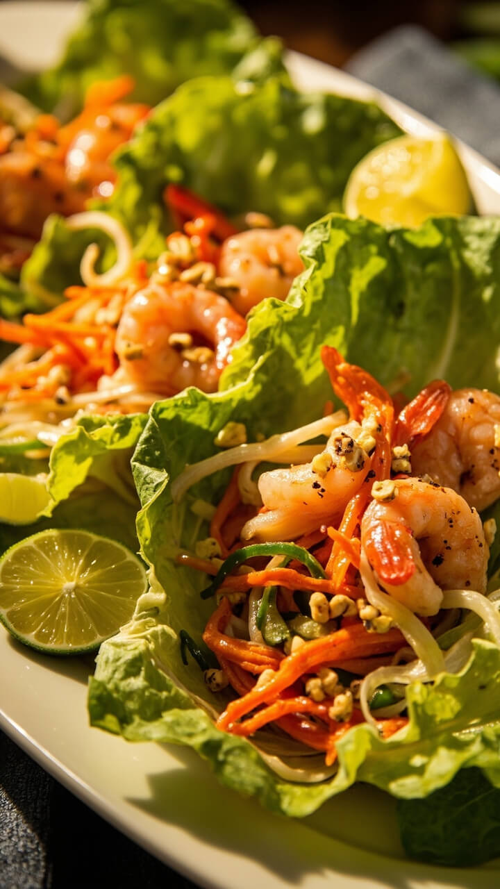 Butter lettuce leaves filled with sautéed shrimp, shredded carrots, thin cucumber strips, and a sprinkle of chopped peanuts, all set on a platter with lime wedges.
