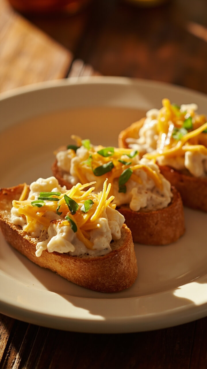 A small plate with three golden-brown, open-faced baguette slices topped with a creamy crab and cheese mixture, melted bubbly cheese, and chives sprinkled on top. A small plate with three golden-brown, open-faced baguette slices topped with a creamy crab and cheese mixture, melted bubbly cheese, and chives sprinkled on top.