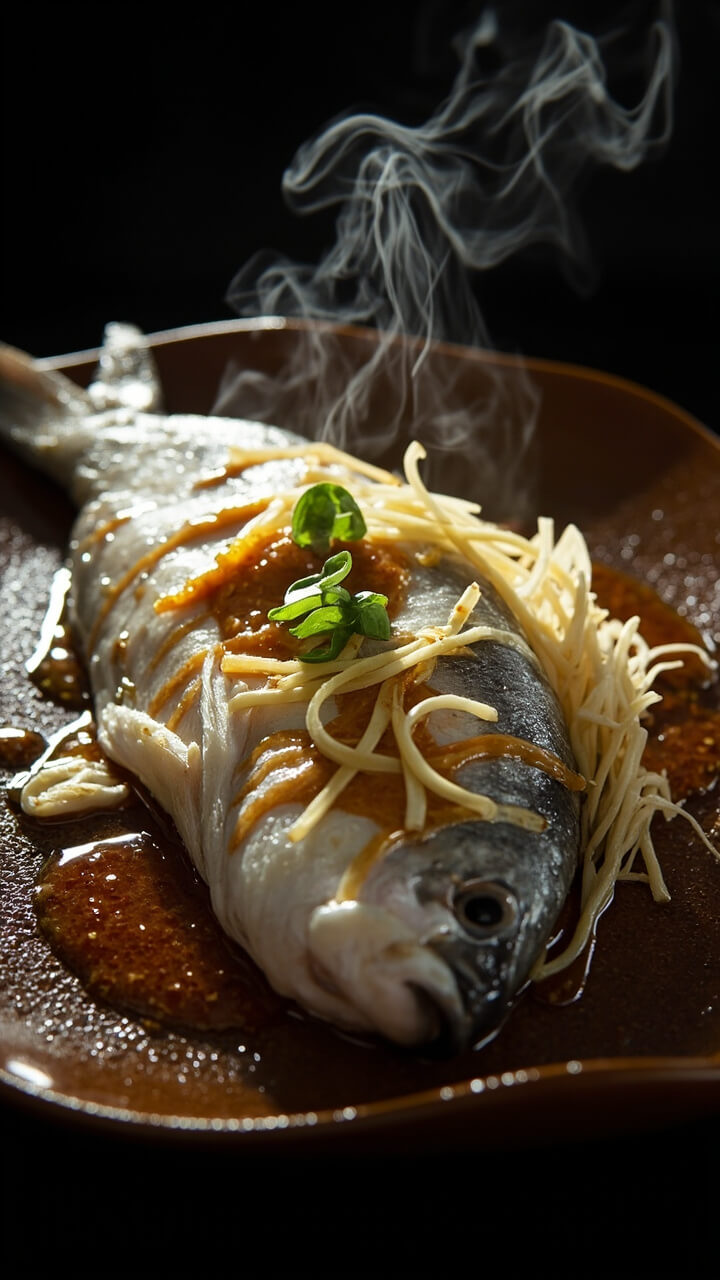 A whole white fish or thick fillets on a deep platter, covered in julienned ginger and sliced scallions, finished with a pour of hot sesame-oil-soy dressing, wisps of steam rising.