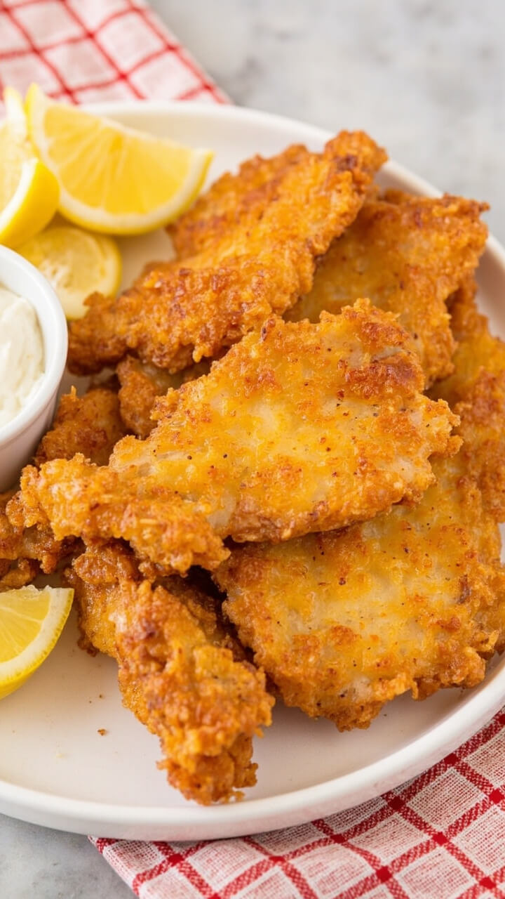 Several golden catfish fillets on a round plate, perfectly crisp, with a side of lemon wedges and a ramekin of tartar sauce, all on a checkered napkin.