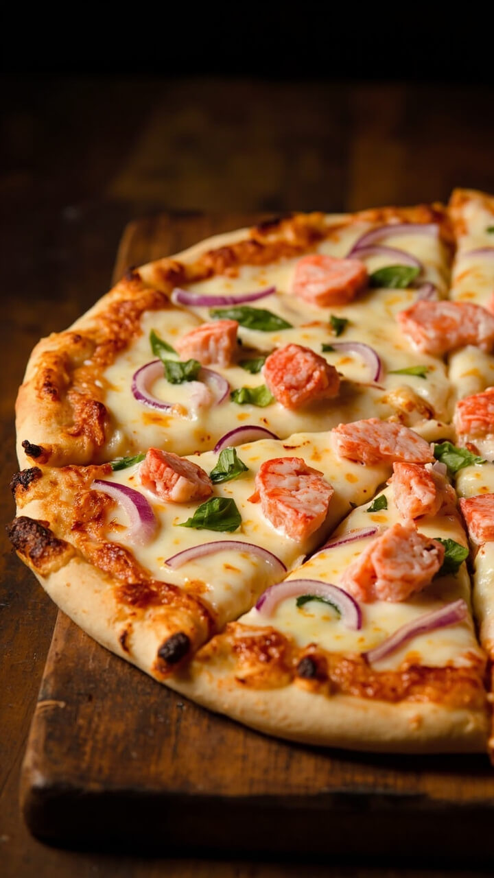 A thin, crispy pizza with a golden crust; topped with molten mozzarella, scattered lobster meat, slices of red onion, and flecks of chopped basil. Served sliced on a wooden board. A thin, crispy pizza with a golden crust; topped with molten mozzarella, scattered lobster meat, slices of red onion, and flecks of chopped basil. Served sliced on a wooden board.
