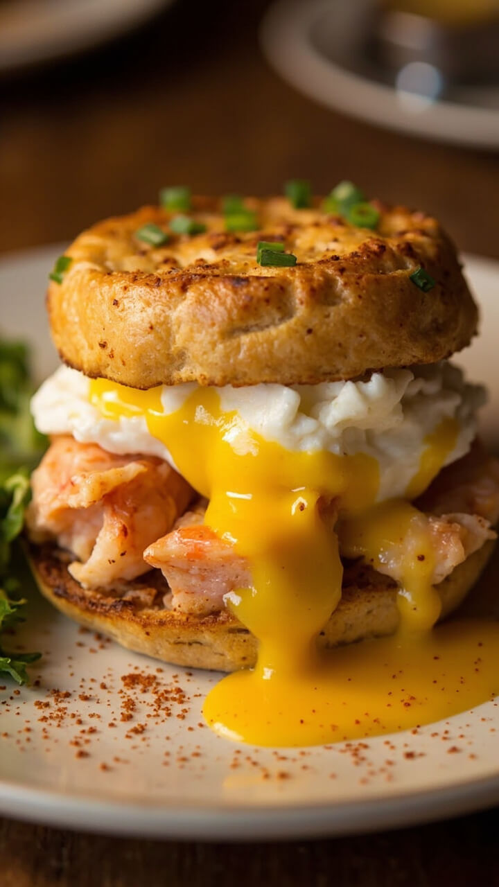 A toasted English muffin half, topped with chunks of lobster, a perfectly poached egg, and a cascade of glossy yellow hollandaise. A few chives and paprika on top, with a side of greens. A toasted English muffin half, topped with chunks of lobster, a perfectly poached egg, and a cascade of glossy yellow hollandaise. A few chives and paprika on top, with a side of greens.