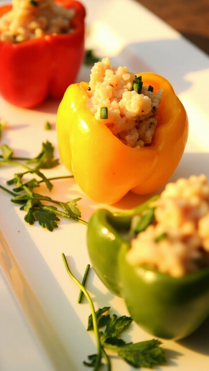Three halved bell peppers in red, yellow, and green, each stuffed and baked with a crab and rice filling, lightly browned on top, garnished with fresh herbs, on a white serving platter. Three halved bell peppers in red, yellow, and green, each stuffed and baked with a crab and rice filling, lightly browned on top, garnished with fresh herbs, on a white serving platter.
