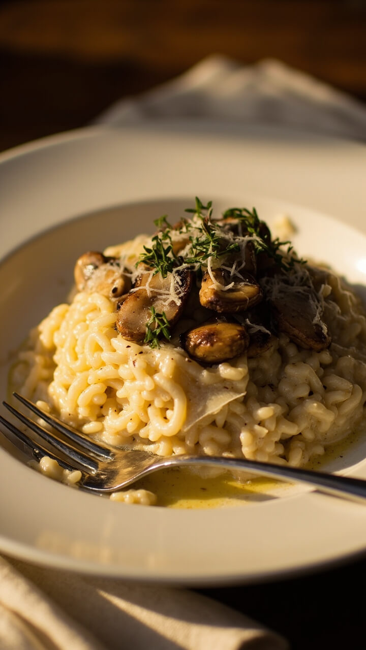 A shallow white rimmed plate with a generous mound of creamy risotto, topped with sautéed mushrooms and a grating of parmesan. Fresh thyme leaves sprinkled over, with a fork resting beside the plate and a linen napkin nearby. A shallow white rimmed plate with a generous mound of creamy risotto, topped with sautéed mushrooms and a grating of parmesan. Fresh thyme leaves sprinkled over, with a fork resting beside the plate and a linen napkin nearby.