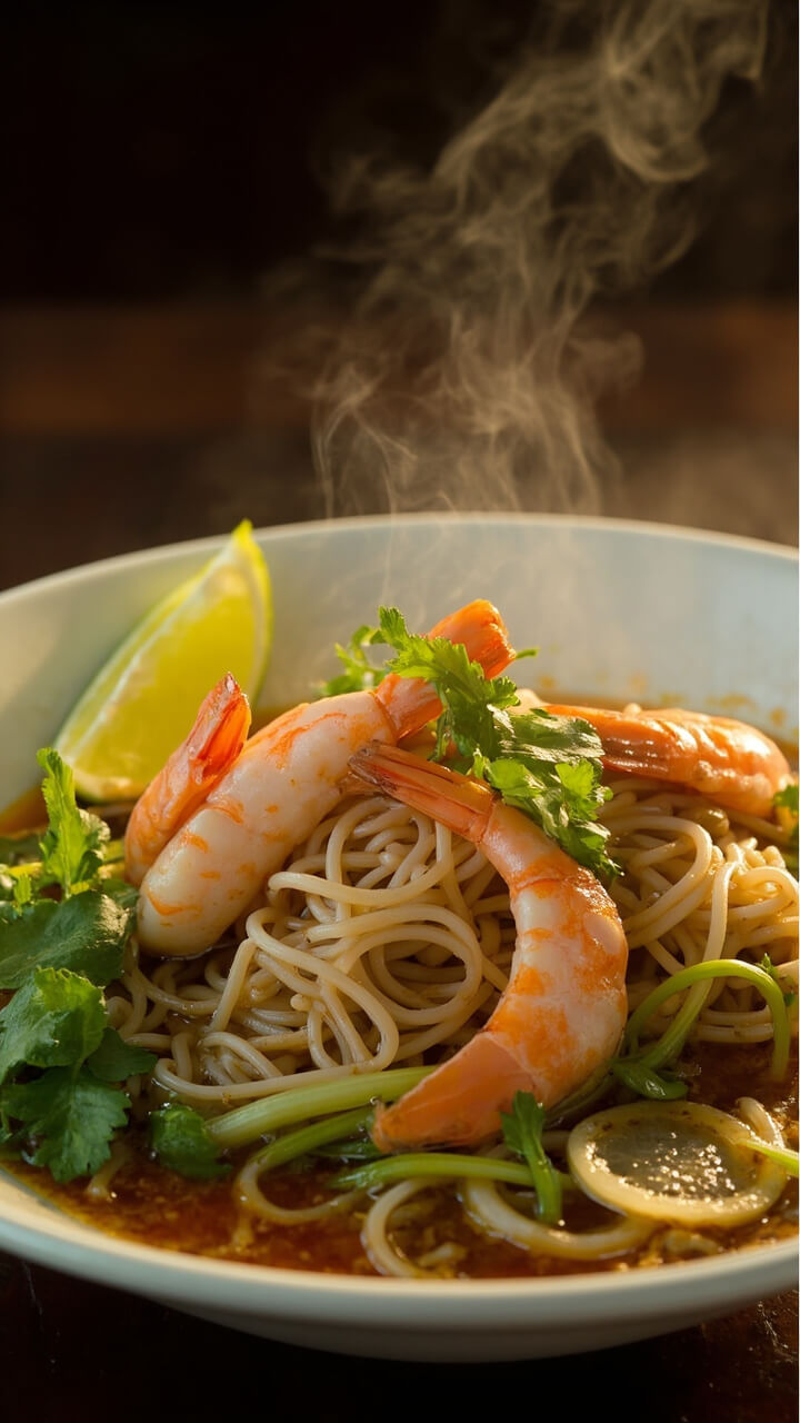 A shallow bowl filled with ramen noodles, plump pink shrimp, fresh cilantro, and lime wedges. The broth is clear with a touch of green from sliced scallions.
