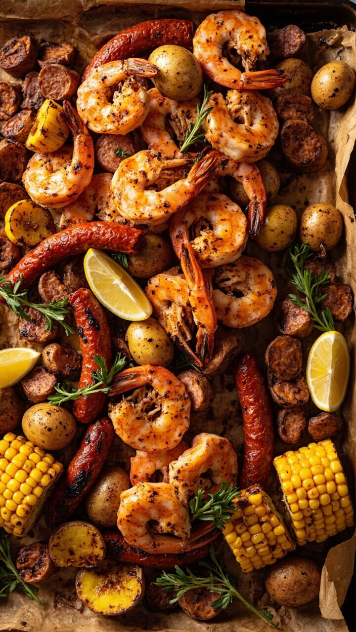 A parchment-lined sheet pan loaded with Cajun-spiced shrimp, roasted baby potatoes, slices of corn on the cob, and chunks of andouille sausage, scattered with fresh parsley and lemon wedges.