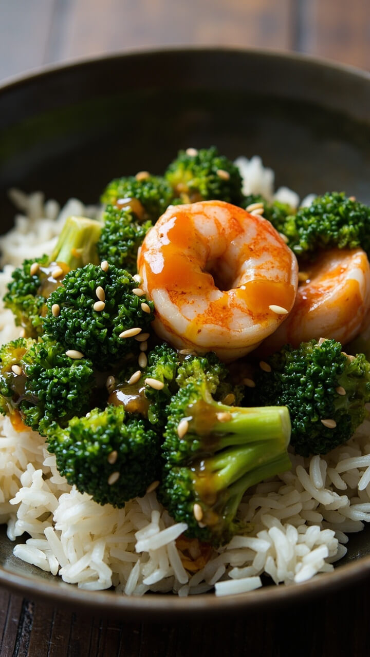 A deep bowl with bright green broccoli florets and glossy shrimp, coated in a light soy-ginger sauce, served over steamed white rice with scattered sesame seeds.