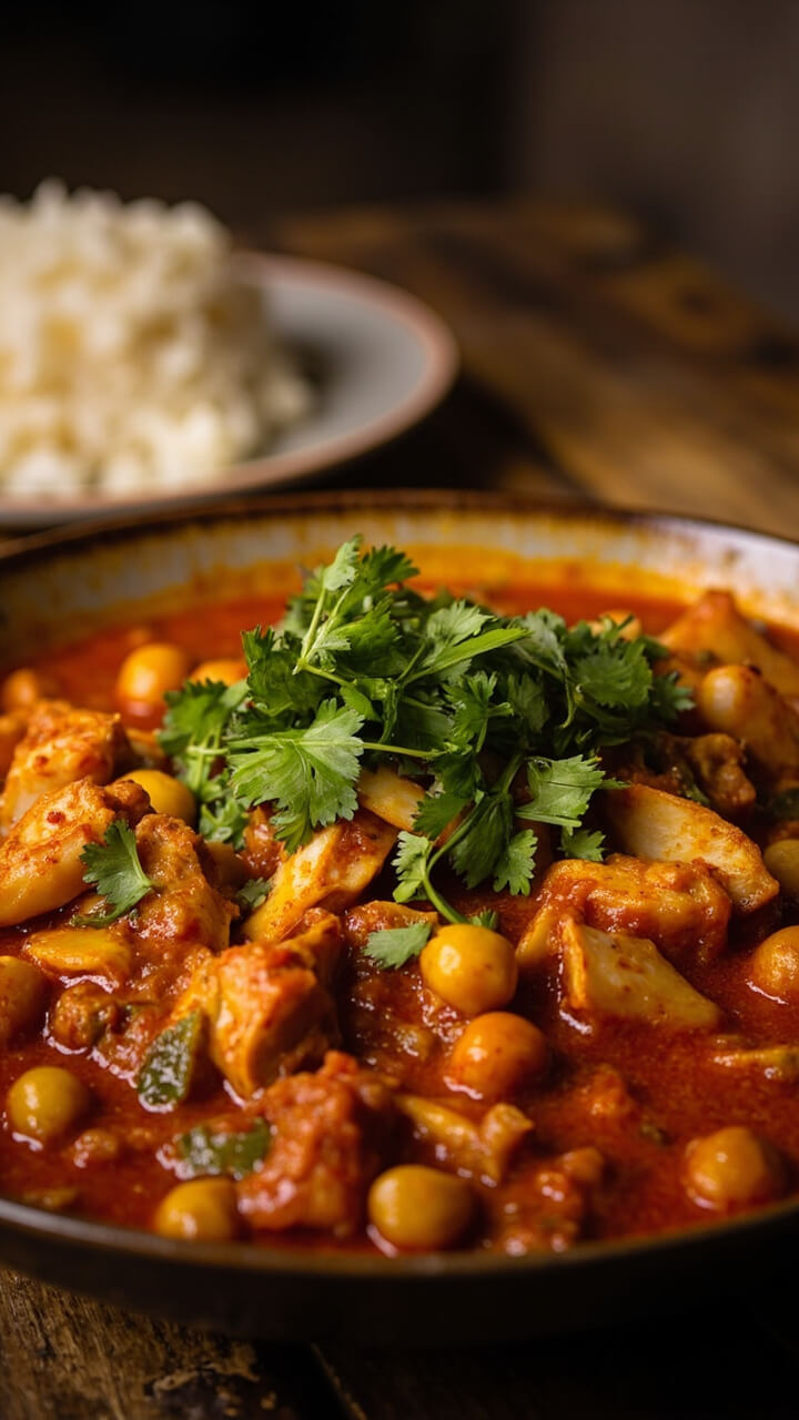 A low wide bowl filled with chunky tomato-based curry, bites of white fish and chickpeas throughout, topped with chopped cilantro, and a side scoop of rice.